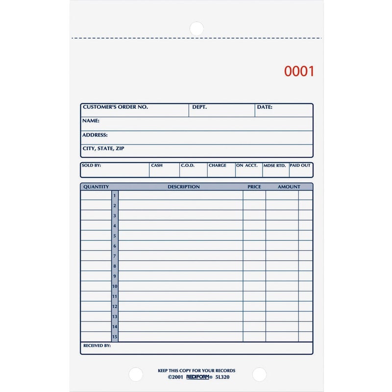 Rediform Sales Book, 15 Lines, Two-Part Carbonless, 5.5 x 7.88, 50 Forms Total